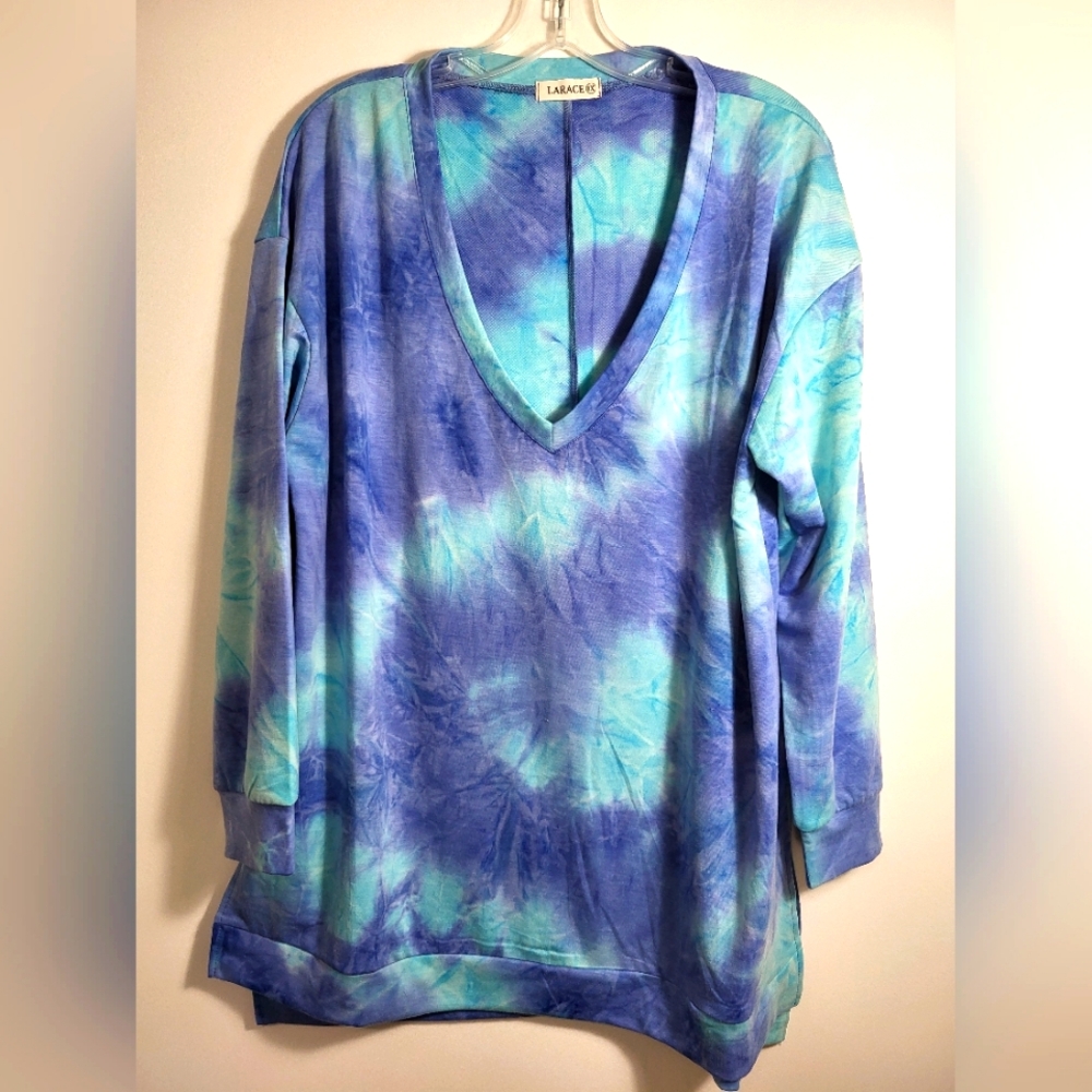 Larace blue purple teal tie dye v-neck tunic women's 1X  #1961